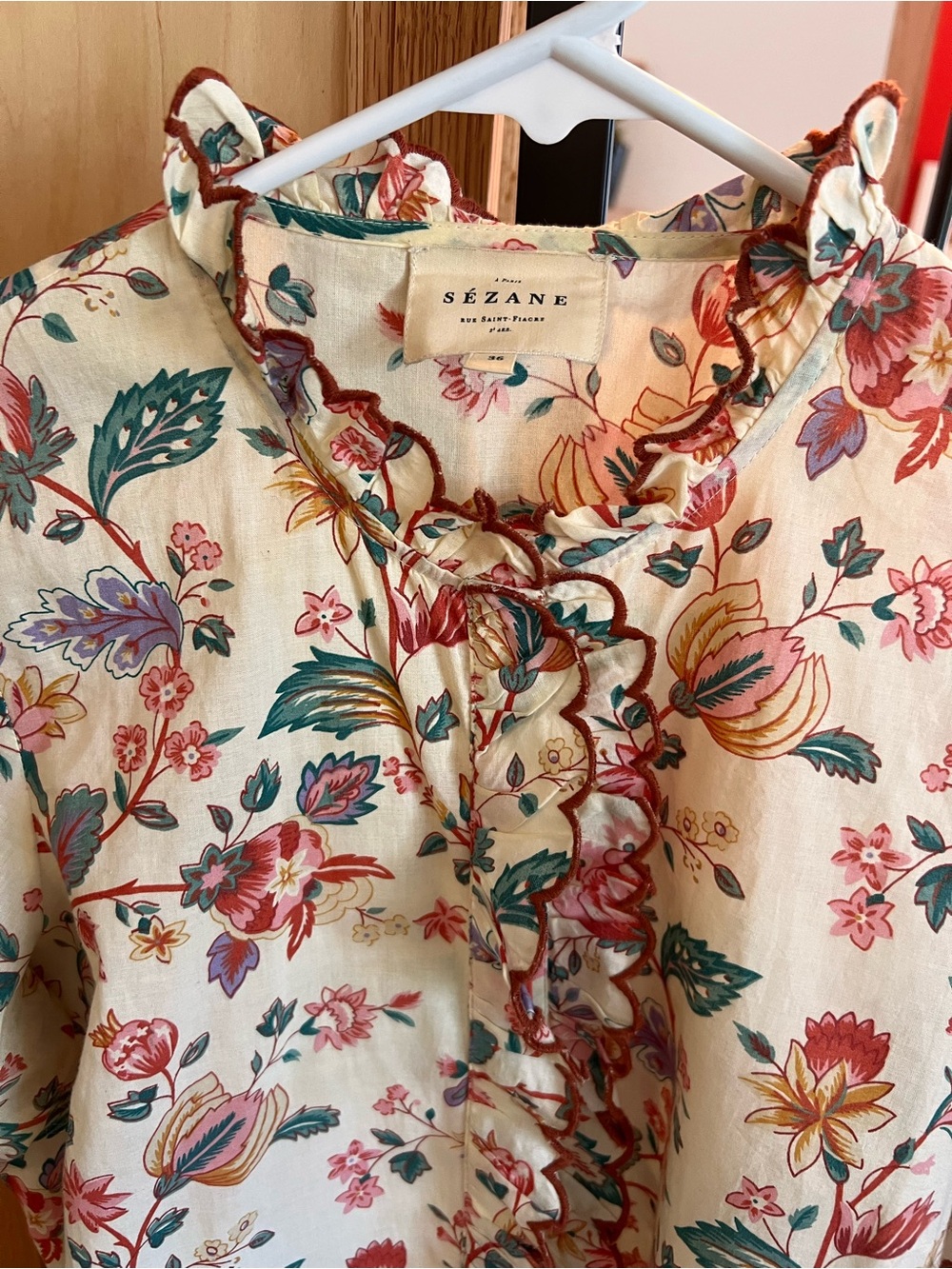 Sezane Cream Floral Ruffled Button-Down Blouse - Picture 2 of 5